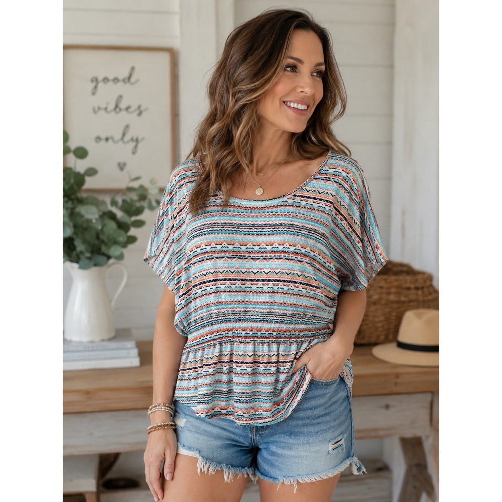 Womens Large Crochet Back Blouse Aztec Print Dolman Sleeve Light Boho Festival